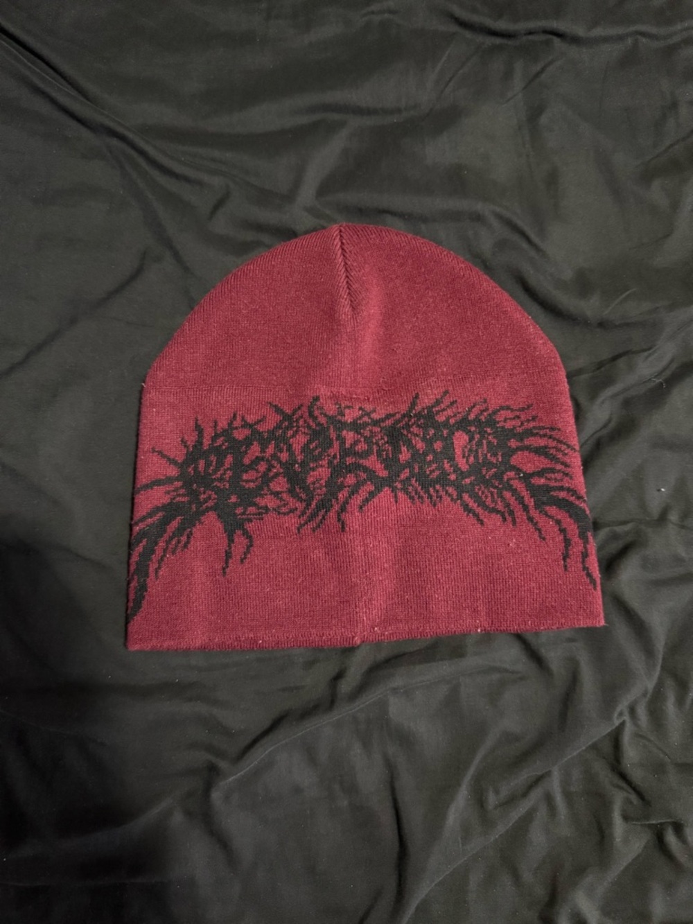 Revenge Clothing Burgundy Beanie with Black Graphic Trim